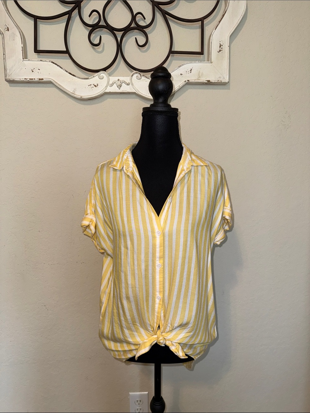 Beach Lunch Lounge Striped Yellow Button-Front Top